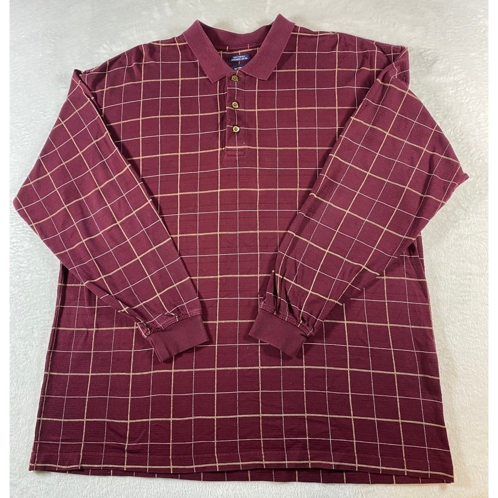 Pebble Beach Men's Long Sleeve Polo Shirt Burgundy Plaid Mercized Cotton Size M